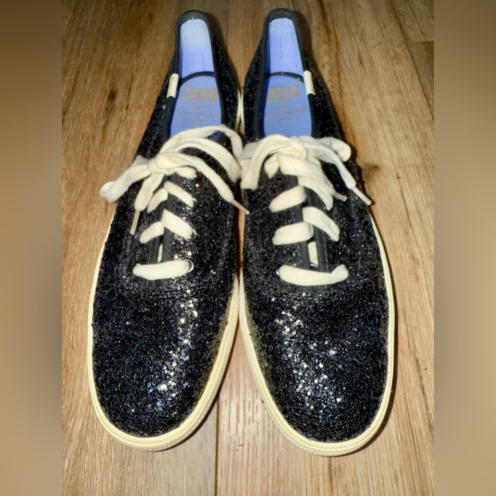 Women's Sparkle Black Kate Spade Lace Up Keds Tennis Shoes Sz 9 Fun!!!